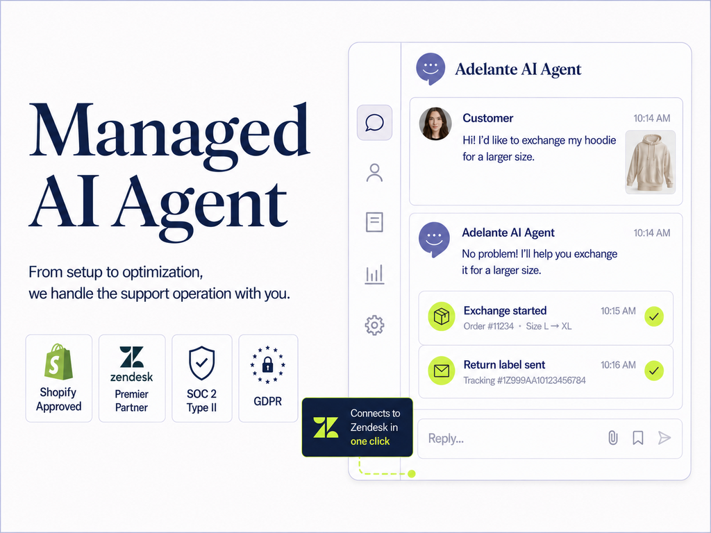 Shopify AI Agent by Adelante CX primary marketing image — AI and Bots app on the Zendesk Marketplace